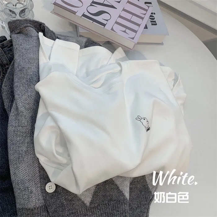 雙面德絨打底衫秋冬新款兔子刺繡保暖寬鬆圓領內搭純色長袖t恤女