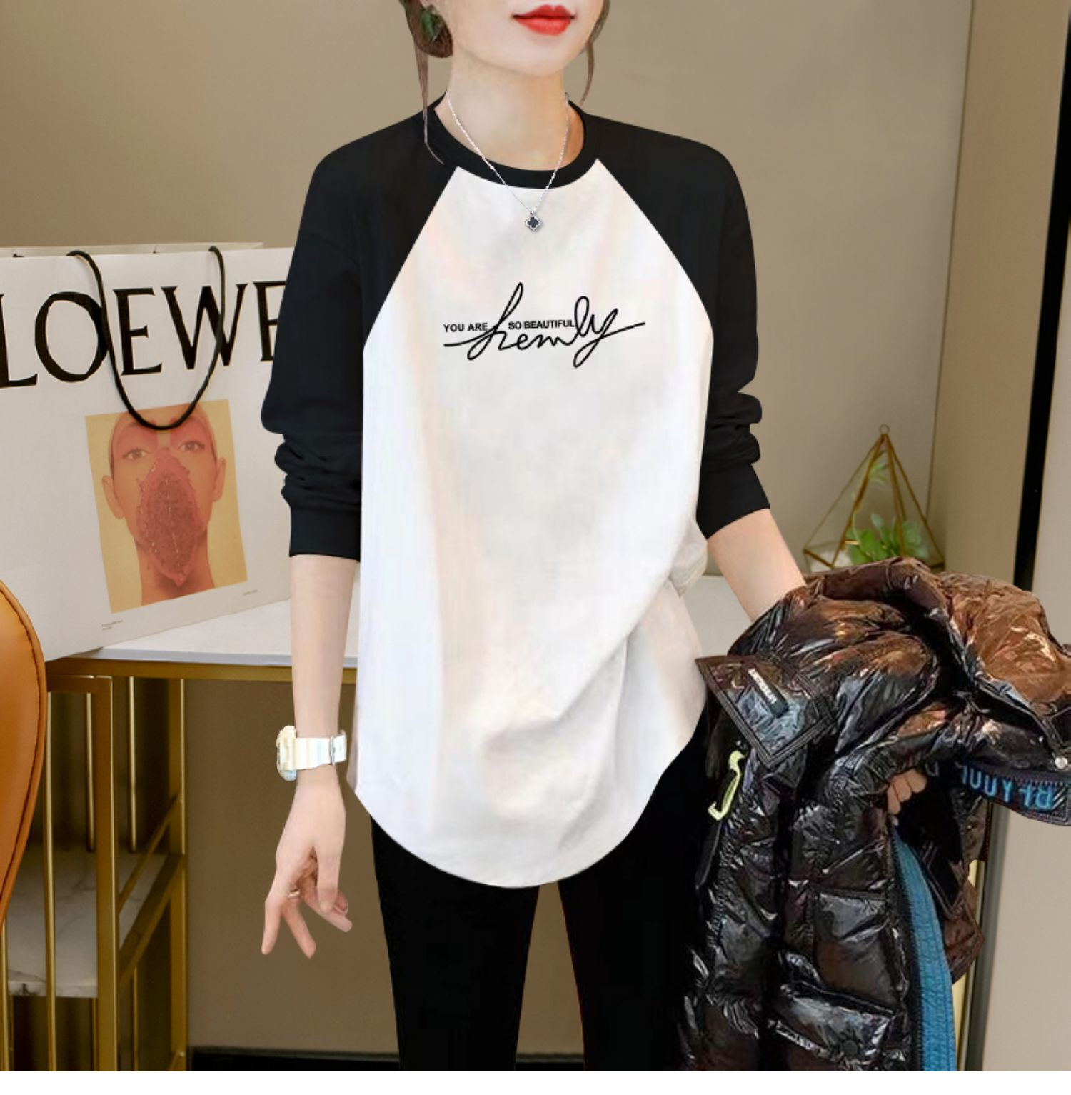 插肩女秋季新款大碼女裝寬鬆美式復古長袖t恤撞色拼接上衣潮