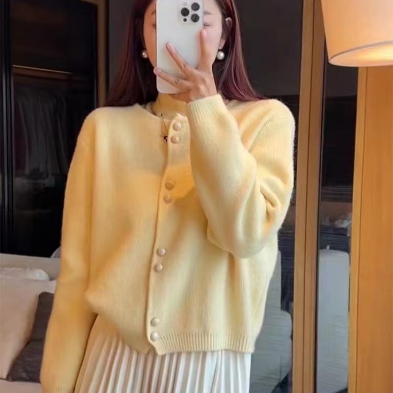 新款韓系小個子氣質休閒百搭圓領綿羊絨毛衣外套長袖加厚針織開衫