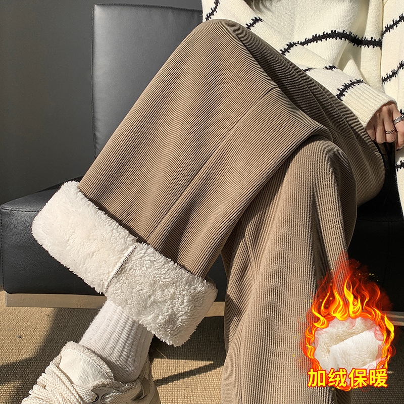 Actual shot of 2023 autumn and winter new lamb velvet plus velvet chenille high-waisted narrow wide-leg pants European cotton velvet casual pants for women
