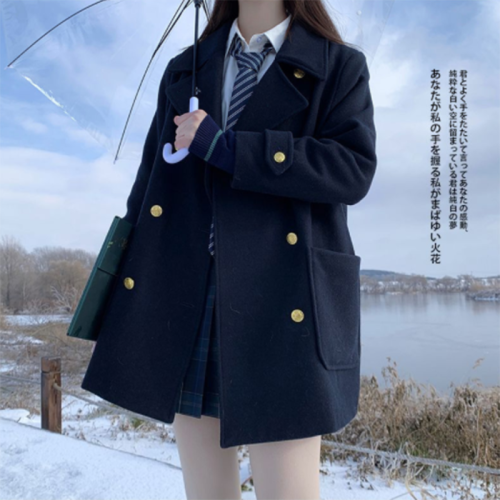 2023 Winter Japanese College Style Woolen Jacket Women's JK Uniform Pocket Double-breasted Coat