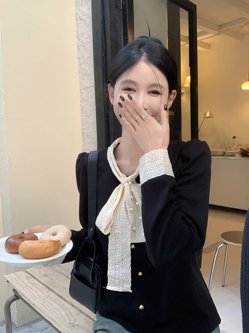 實拍！襯衫女法式赫本風蝴蝶結拼接秋冬別致黑色長袖上衣2368