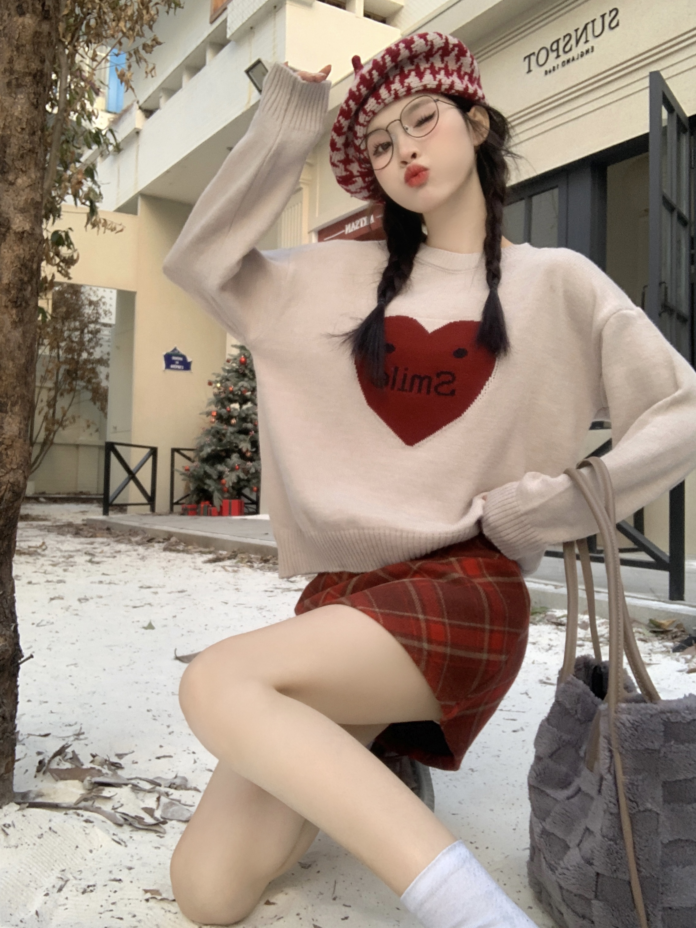 實拍愛心提花長袖套頭毛衣女秋冬新款寬鬆減齡針織衫學生上衣