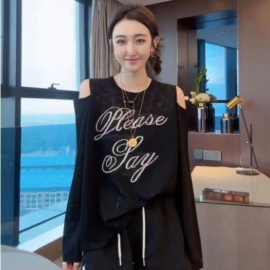 New 2023 Summer Casual Versatile Slim Round Neck Off-Shoulder Sun Protection Thin Tops Women's Loose T-Shirts with Letters