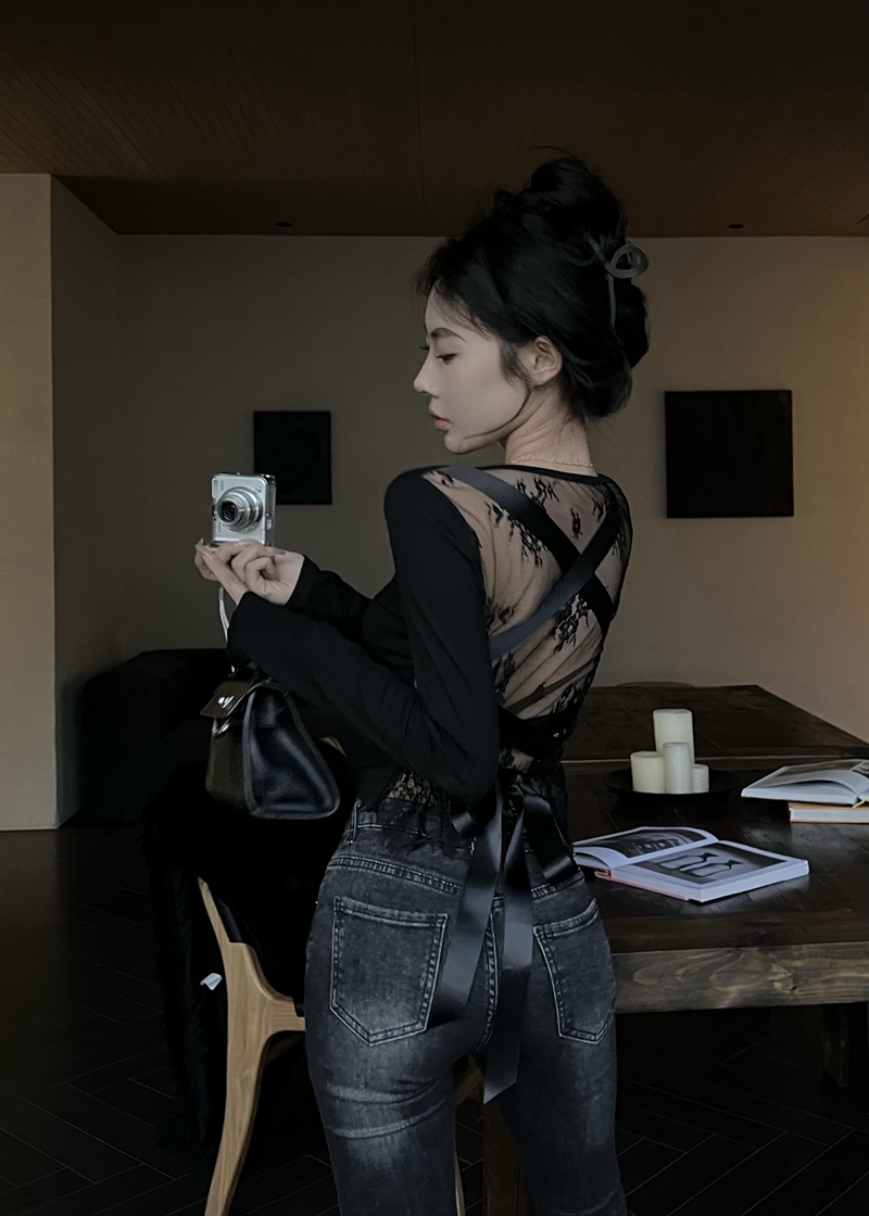 實拍秋冬辣妹風性感蕾絲拼接交叉綁帶長袖內搭純欲打底衫上衣