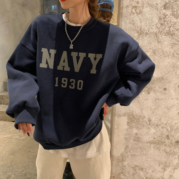 2023新款加絨加厚印花衛衣女圓領簡約高級感上衣