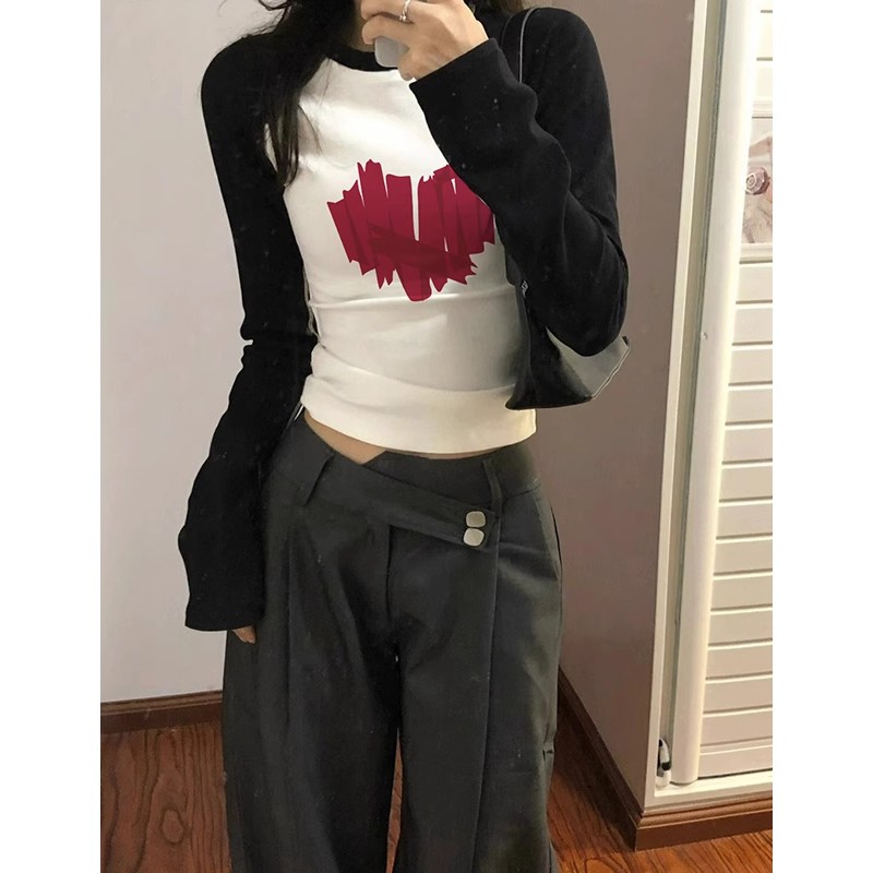 包肩包領撞色拼接插肩長袖t恤秋季街頭潮牌辣妹短款內搭上衣