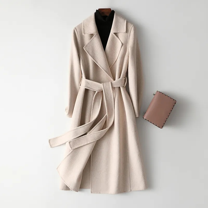 Woolen coat women's long over-the-knee lace-up 2023 new style slimming woolen coat for women high-end thickened