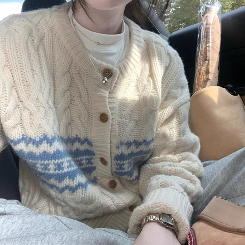 奶呼呼軟糯重工復古撞色日系慵懶風寬鬆麻花開衫毛衣外套女