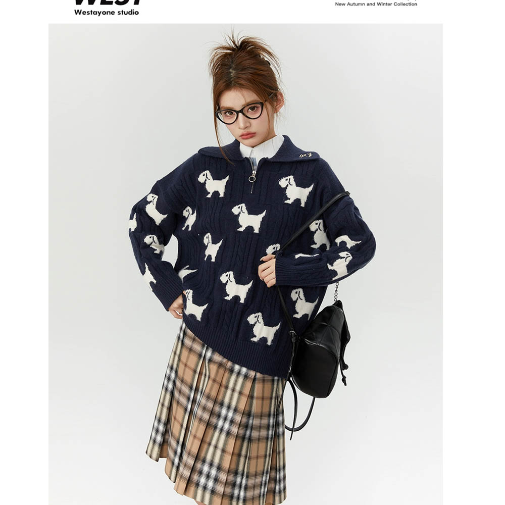Sheep wool quality niche contrast color puppy half zipper lapel sweater for women