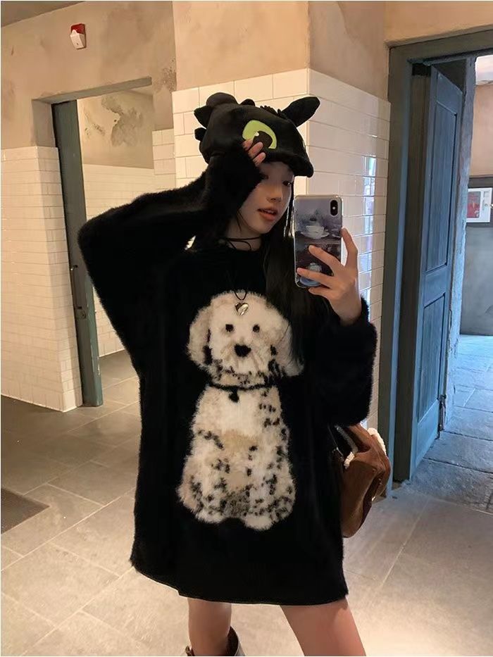 Celebrities Hall black sweater for women in autumn and winter, high-end, super nice, lazy style, loose long style, unique inner knitted sweater