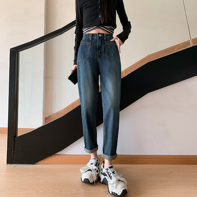 實拍2024早春新款復古美式大口袋哈倫牛仔褲女老爹蘿蔔褲
