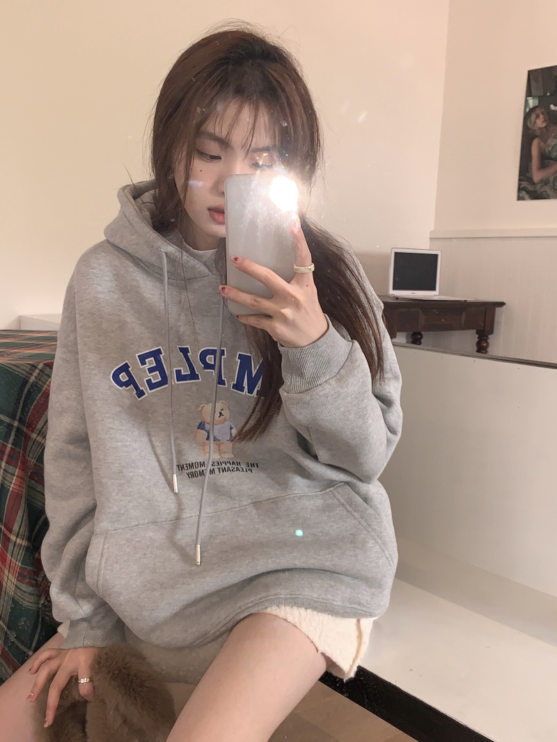 美式復古小熊字母印花加絨連帽衛衣寬鬆減齡