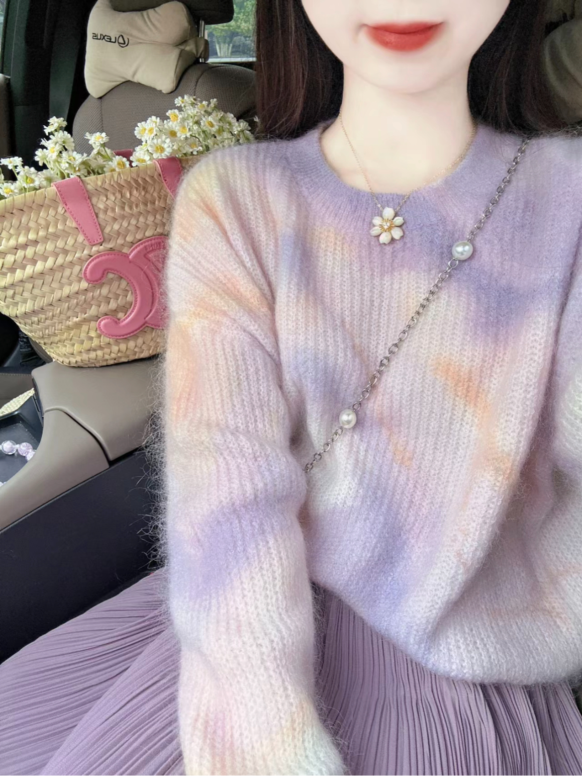 紫色套頭寬鬆馬海毛毛衣女外穿秋冬新款慵懶風圓領羊毛衫