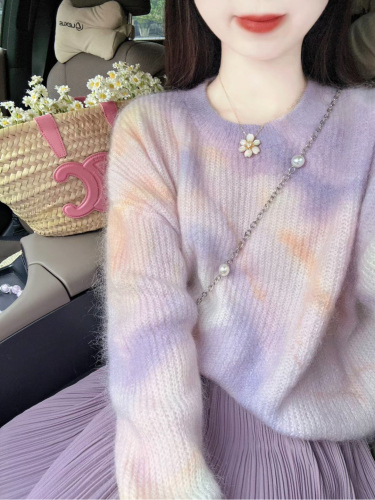 紫色套头宽松马海毛毛衣女外穿秋冬新款慵懒风圆领羊毛衫