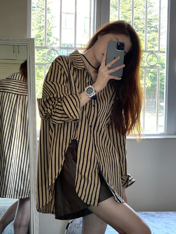 高級感條紋開叉襯衫女春秋季2024新款寬鬆襯衣設計感小眾上衣外套