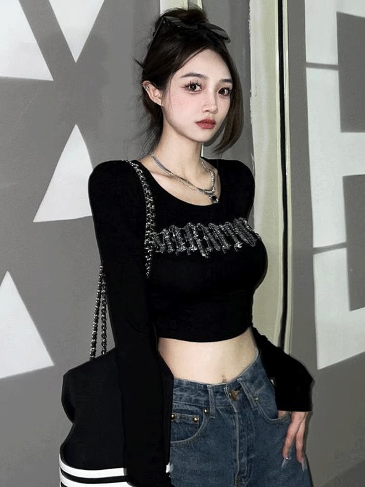 包肩包領燙鑽黑色長袖t恤新款修身內搭打底衫秋冬短款上衣