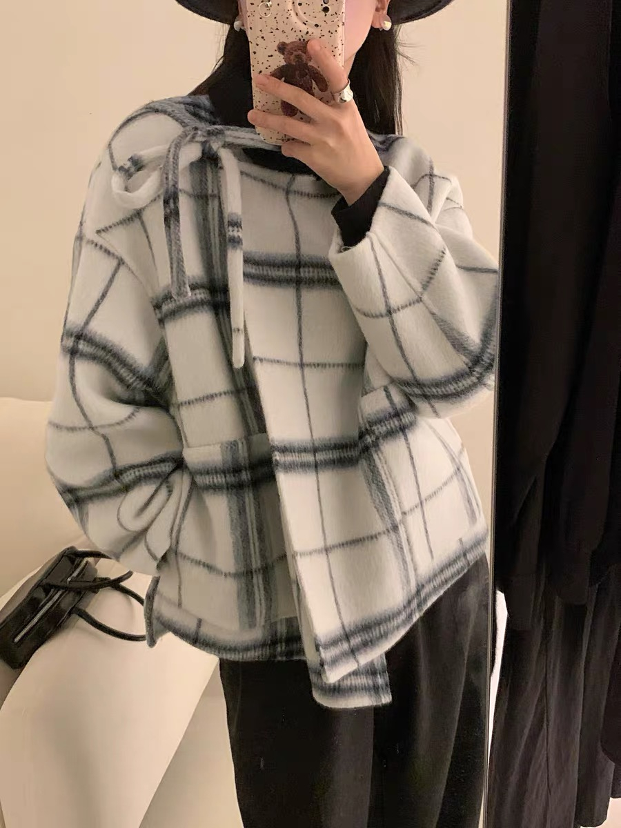 Tartan coat women's autumn and winter new high-end short woolen coat for small people