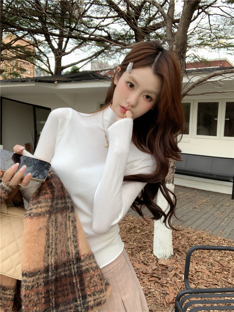 實拍~ 包芯紗個性卷邊針織半高領套頭打底衫毛衣女