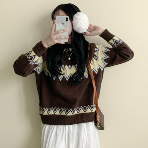 韩国chic冬日新款气质菱形格纹毛衣针织衫