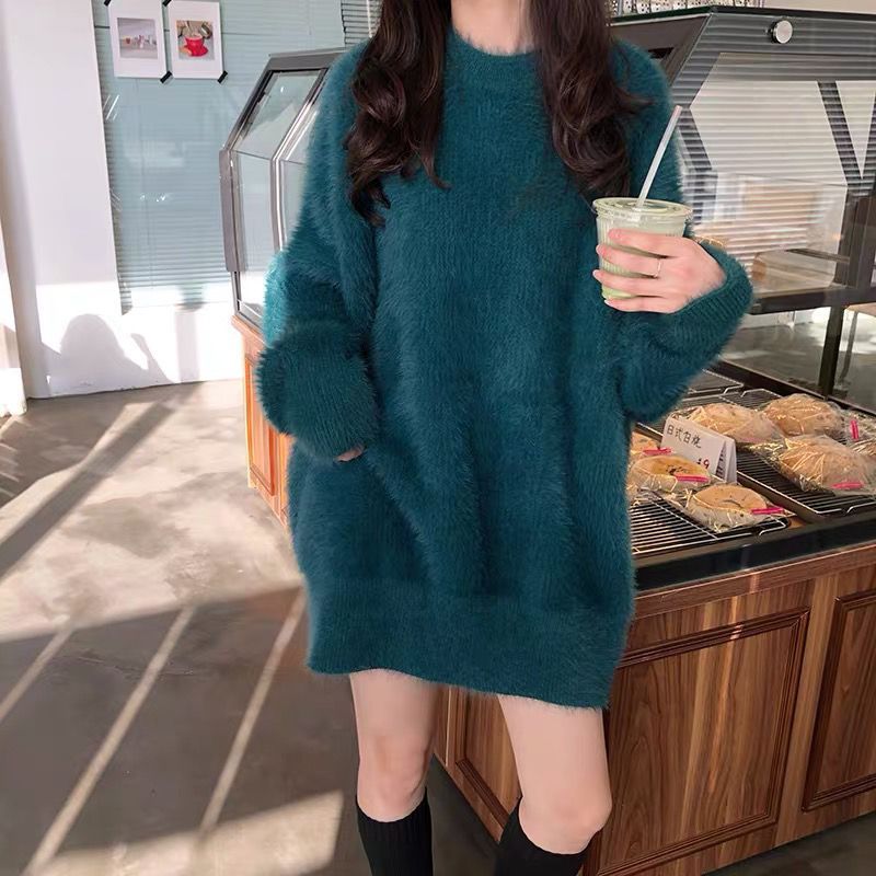 水貂絨毛衣女慵懶風百搭秋冬季加厚中長款上衣韓版針織衫打底外搭