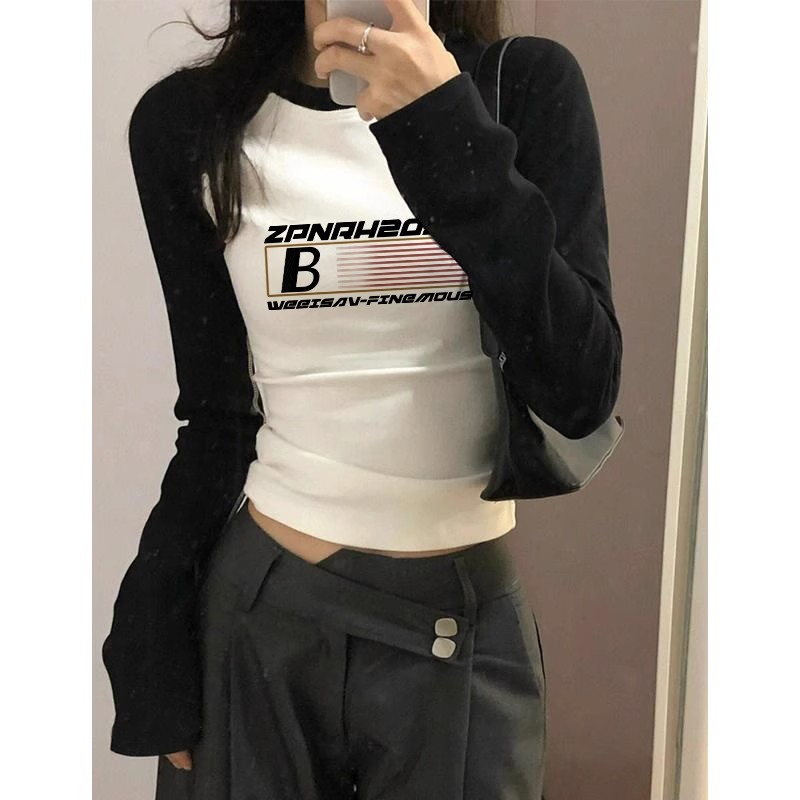 包肩包領美式撞色插肩袖t恤秋季新款設計感小眾短款上衣