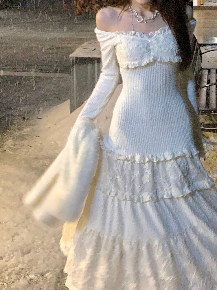 Lace stitching knitted long-sleeved dress for women autumn and winter French one-shoulder waist slimming inner long skirt girl skirt