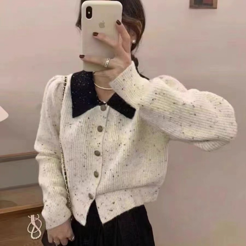 小香風設計感針織衫女單排扣翻領氣質綿羊絨毛衣開衫長袖上衣外套
