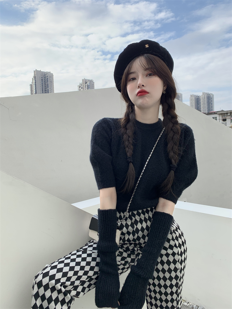 實拍 復古短款針織衫寬鬆圓領慵懶風外搭上衣女