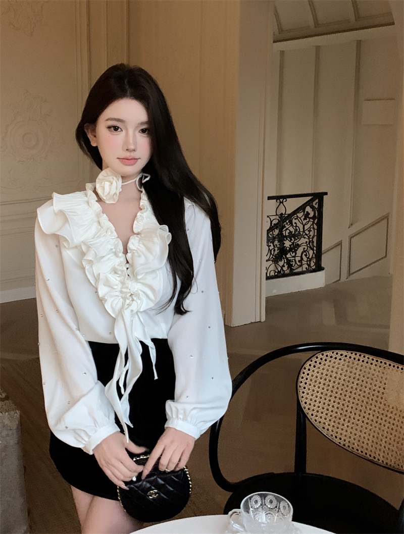 實拍 高價感滿鑽設計木耳邊掛脖泡泡袖百搭氣質襯衫女