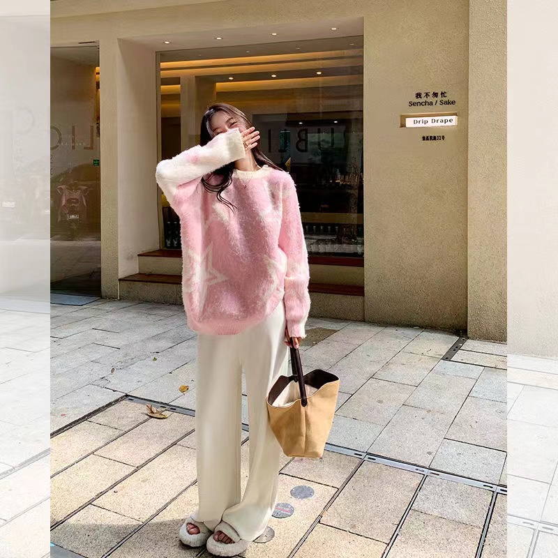 韓系設計感小眾毛衣女2023冬季慵懶風減齡套頭針織衫休閒褲兩件套
