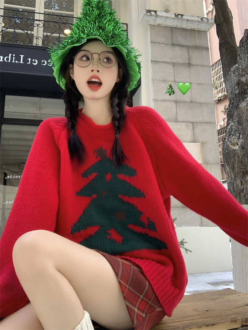 實拍秋冬加厚聖誕紅新年毛衣寬鬆半高領保暖套頭針織衫