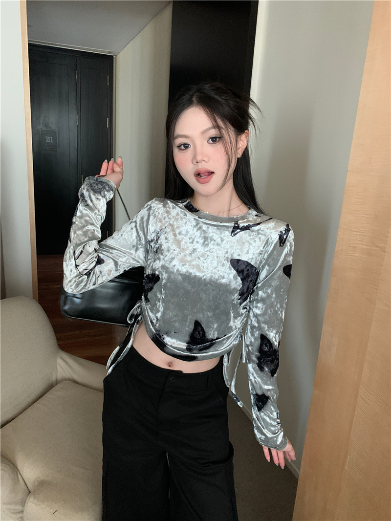實拍 法式復古小眾設計感扎染抽繩圓領T恤上衣