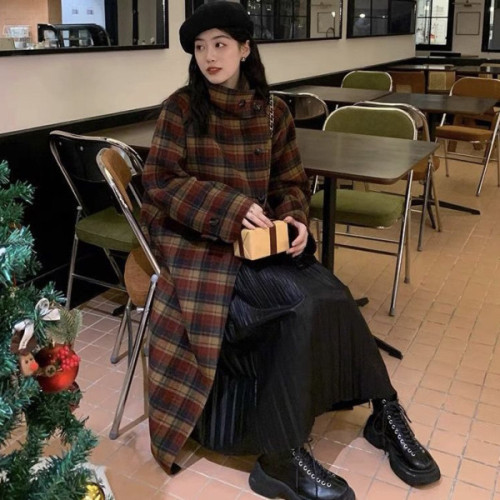 Christmas shirt style exquisite plaid new woolen coat women's mid-length small stand-up collar Korean style fashion coat jacket