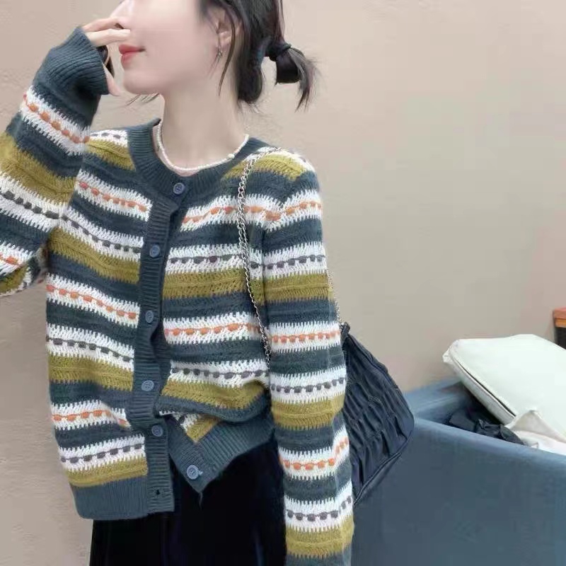 寬鬆減齡條紋外穿羊毛衫開衫女秋冬圓領休閒百搭時尚針織毛衣外套
