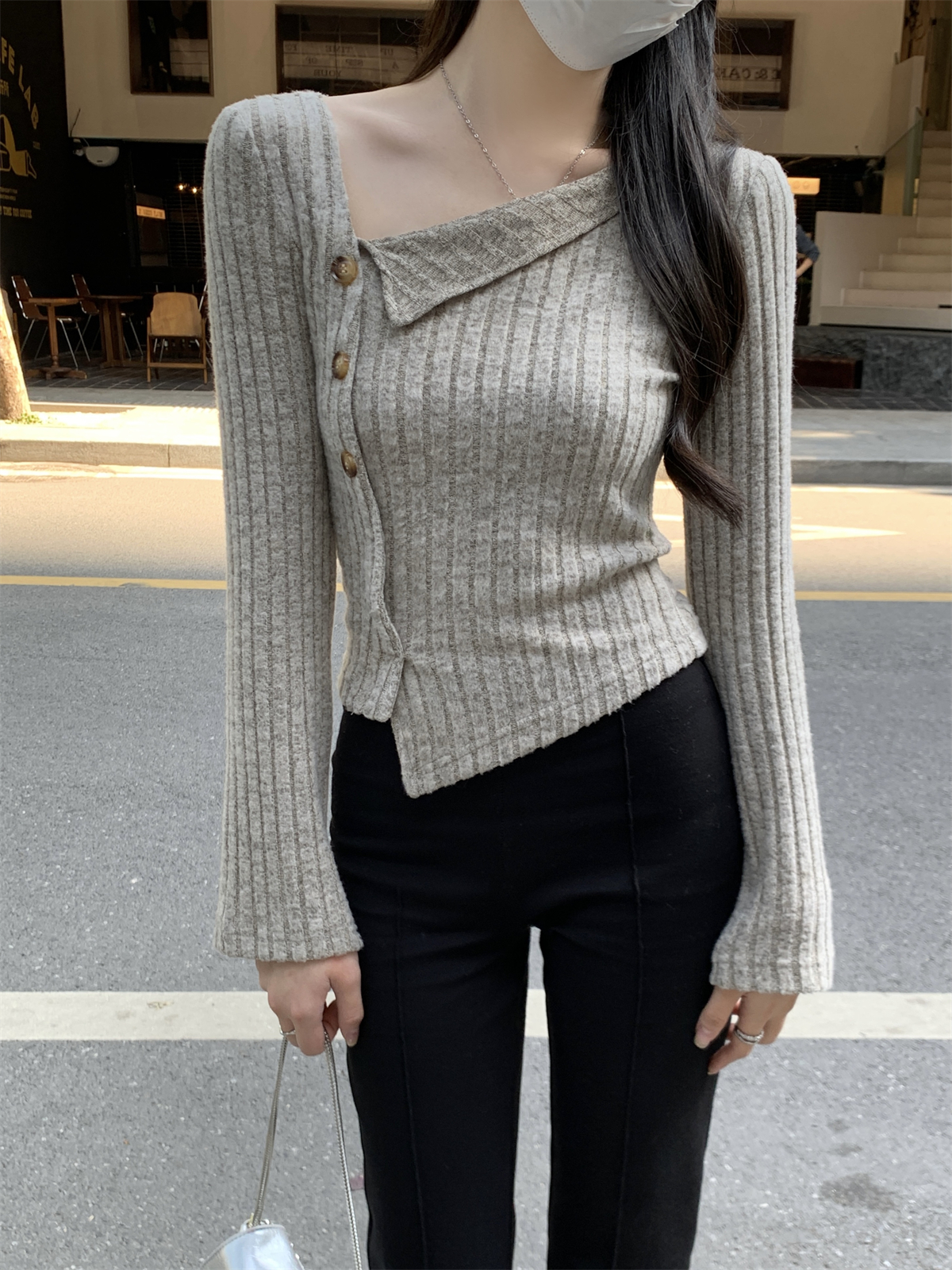 Actual shot of autumn and winter Korean style slim fit irregular design slim pit strips inner T-shirt bottoming shirt top for women