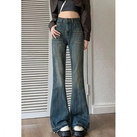 Retro raw edge design bootcut jeans for women in autumn new style high-waisted, slim, loose, non-leg-fitting flared trousers