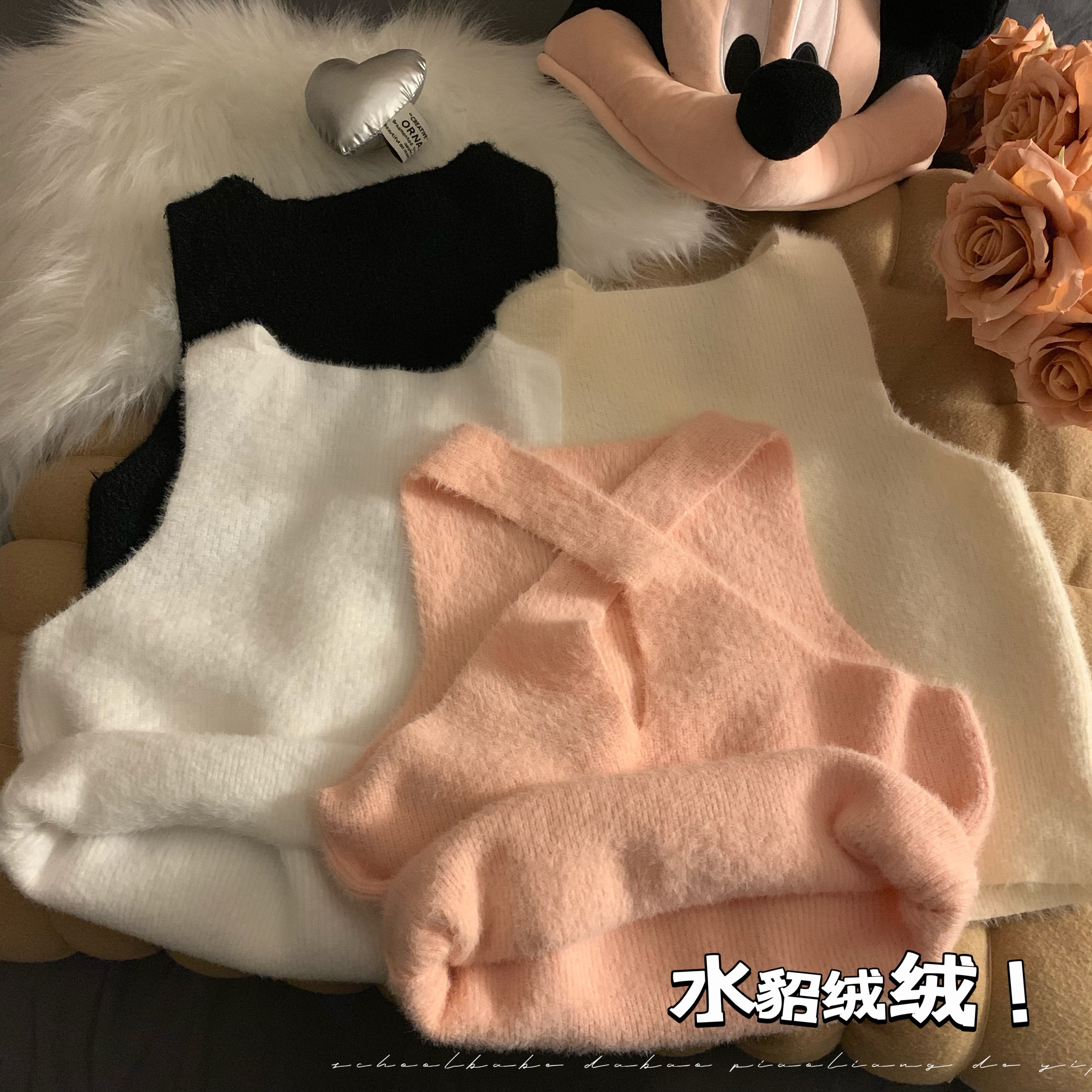 Actual shot of autumn and winter mink fur hottie camisole cross design warm plush soft waxy top