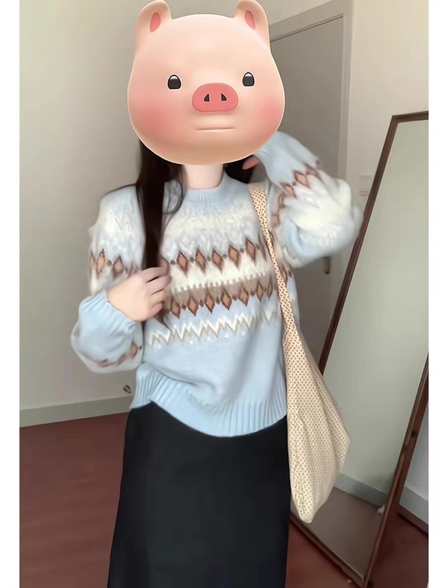 芥末自製軟酪甜心羊毛圓領套頭提花毛衣女秋冬藍色寬鬆針織衫