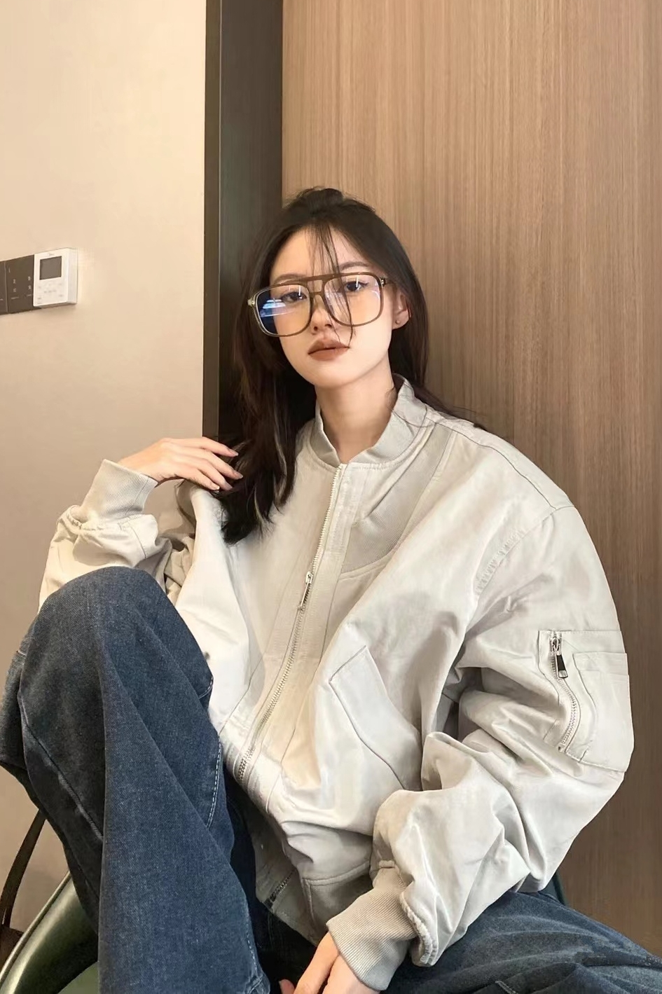 Original shipped double-layered gray and white baseball jacket women's autumn and winter American retro design jacket