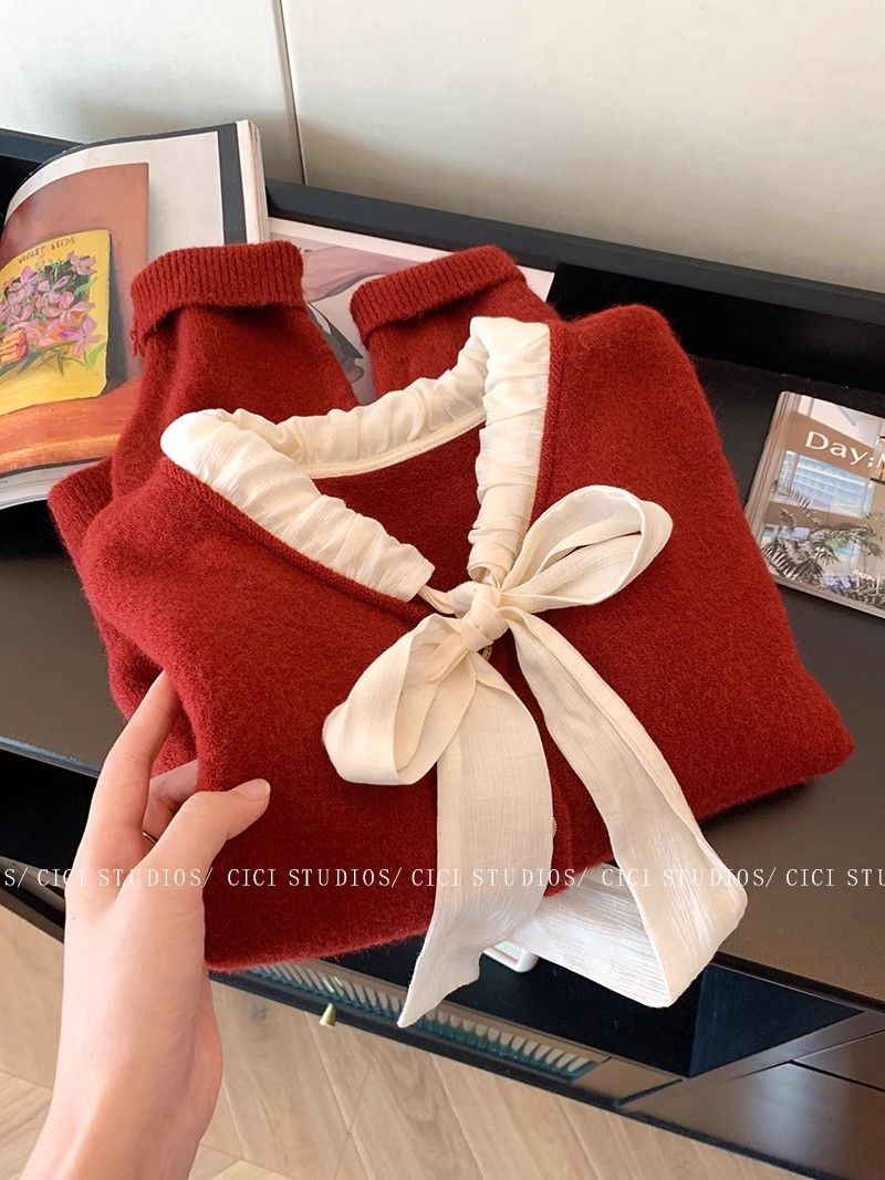 Red bow tie soft waxy sweater cardigan for women autumn and winter 2023 new retro gentle Christmas sweater