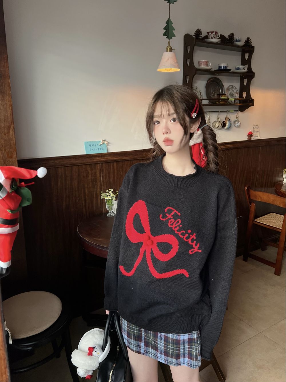 實拍三標齊蝴蝶結套頭軟糯慵懶風圓領毛衣女