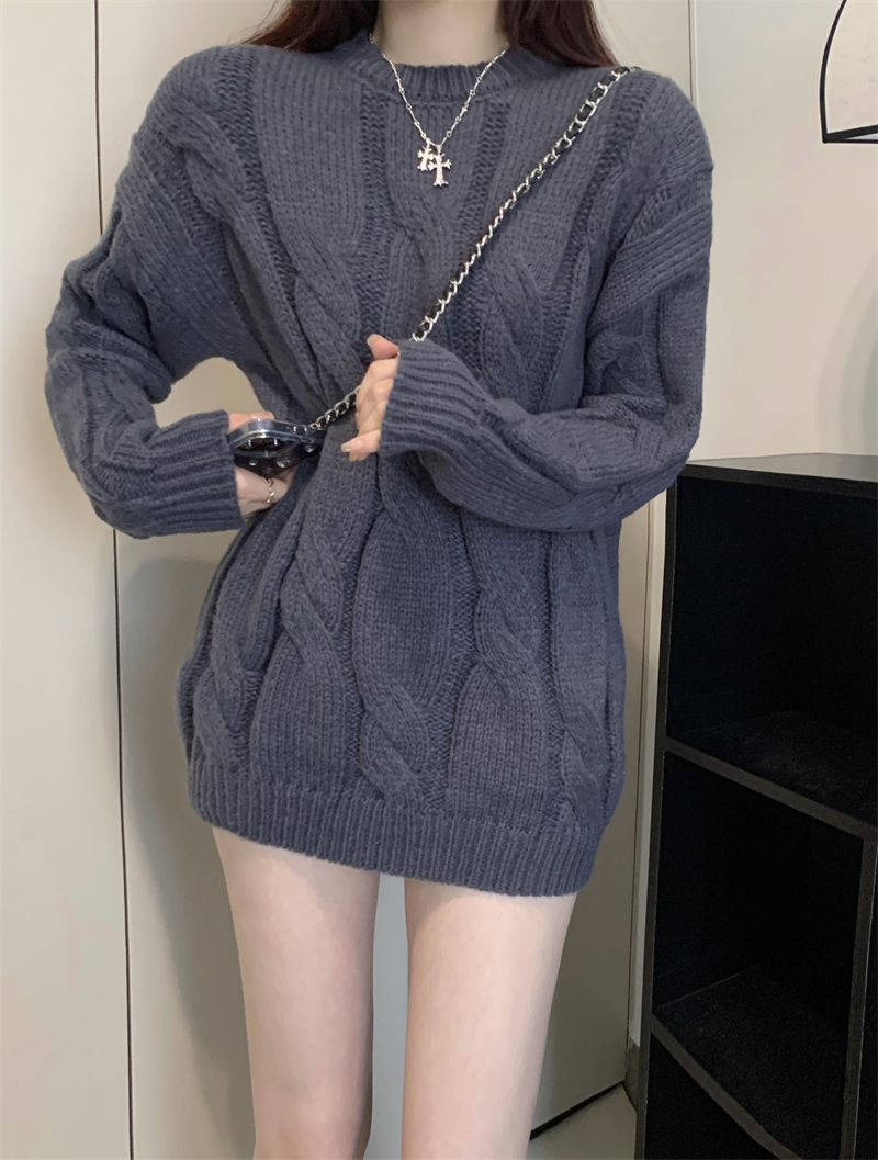 實拍 設計感小眾慵懶風加厚軟糯寬鬆麻花中長款毛衣女