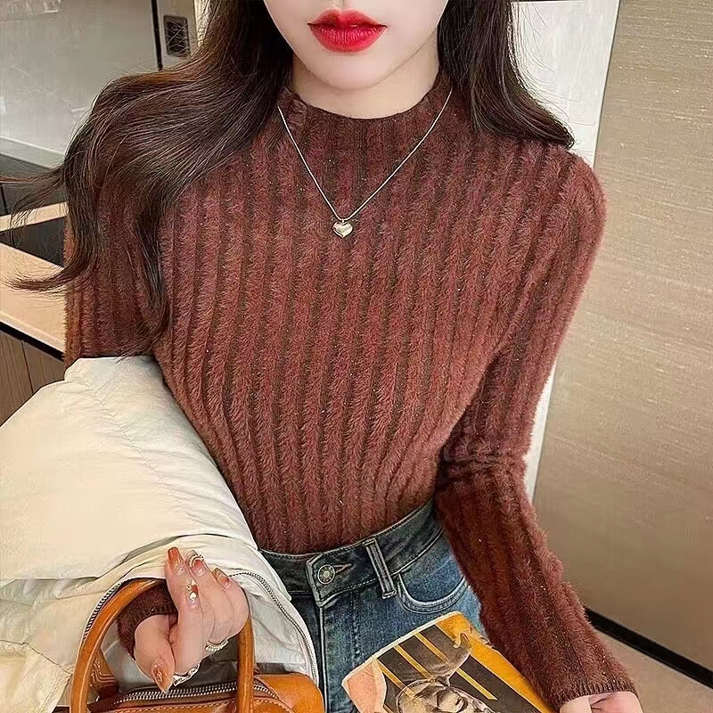 一體水貂絨加絨加厚半高領軟糯毛衣女秋冬高級感打底衫內搭上
