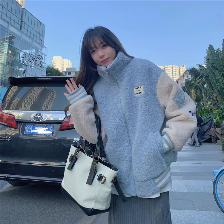 Zhenzhenjia lamb wool jacket women's autumn and winter new thickened American baseball uniform loose lamb wool top trendy