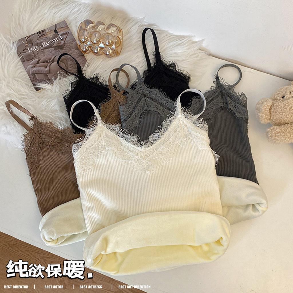 實拍蕾絲小吊帶背心加絨加厚內搭超火網紅一體絨打底保暖上衣