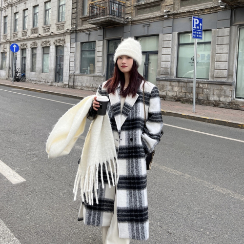 Spring and autumn black and white filter plaid woolen coat winter new high-end mid-length coat for women retro slimming