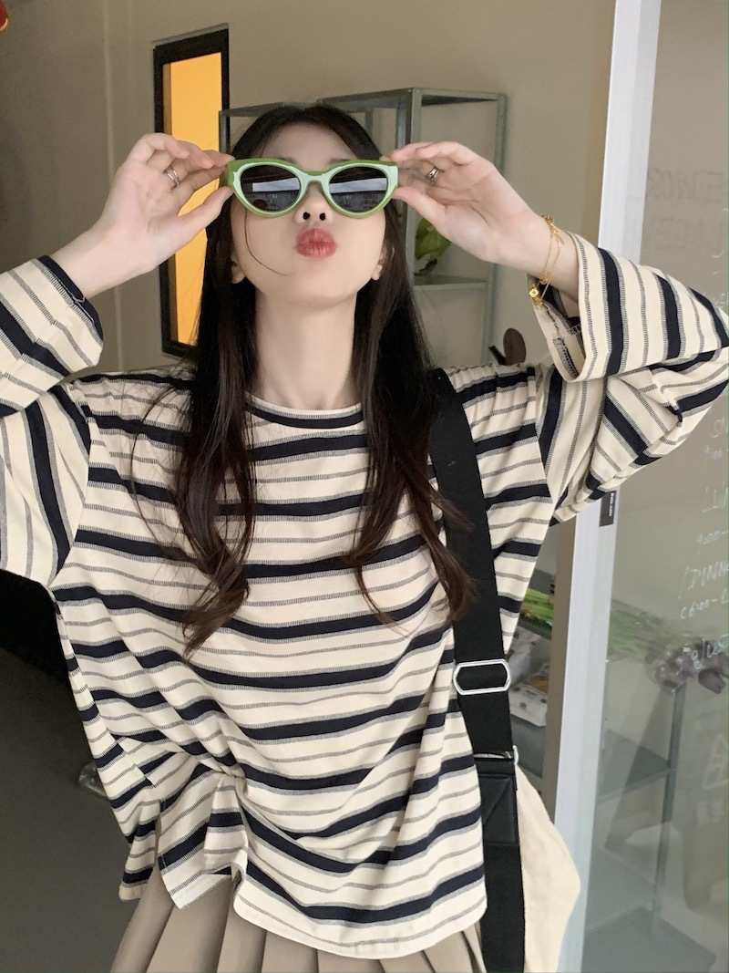 圓領條紋長袖t恤女設計感寬鬆開叉