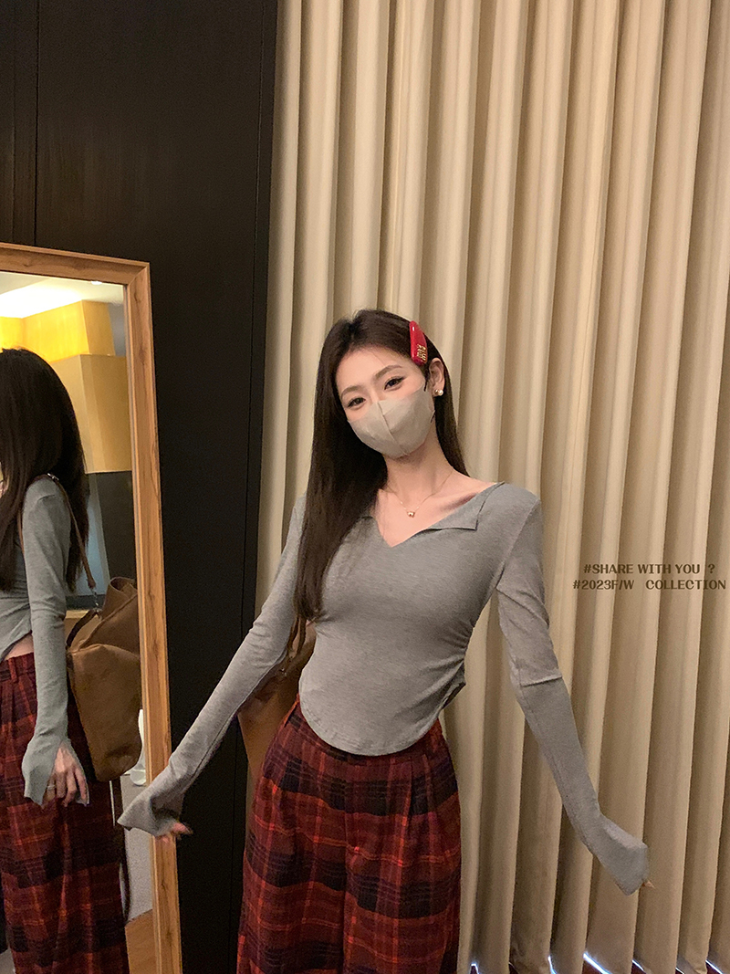 實拍 三標齊 韓版chic設計感收腰不規則V領內搭長袖打底衫上衣