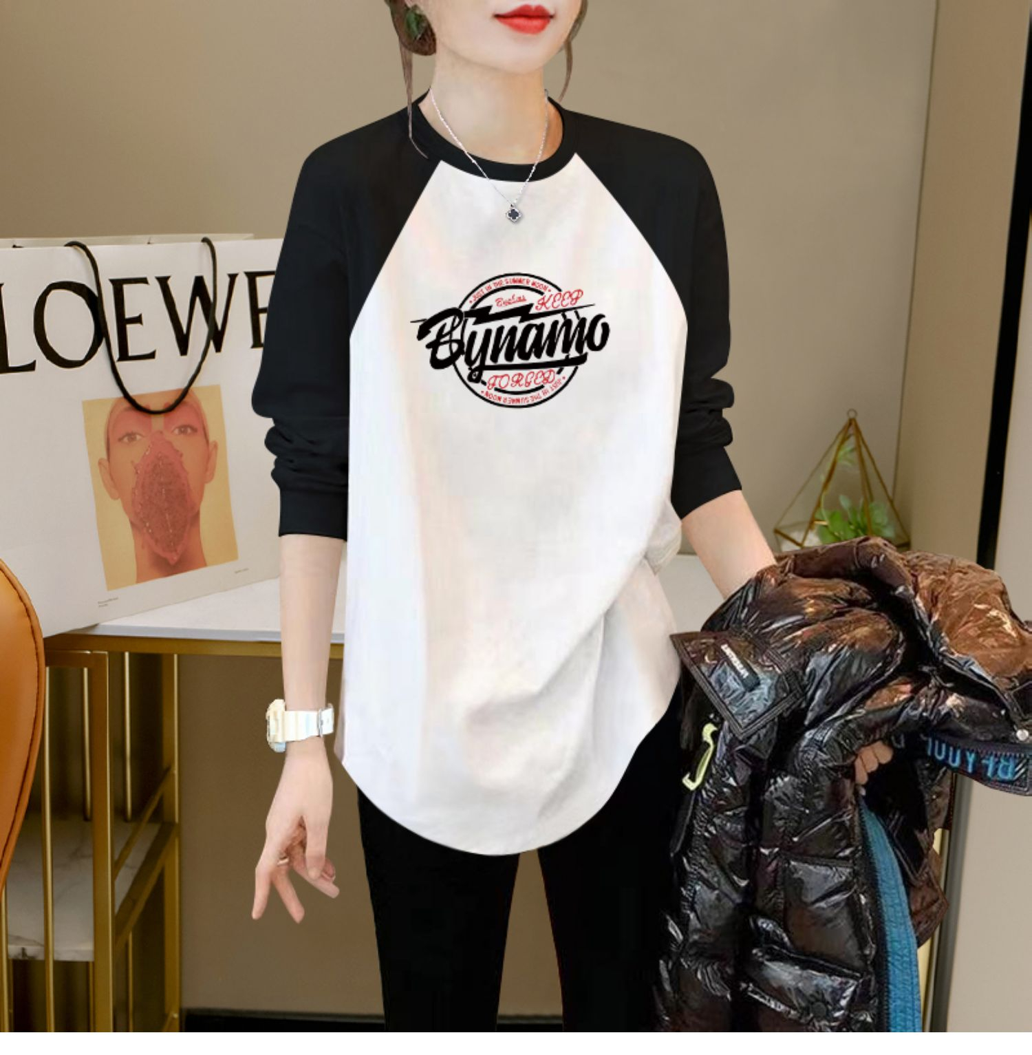 插肩女秋季新款大碼女裝寬鬆美式復古長袖t恤撞色拼接上衣潮